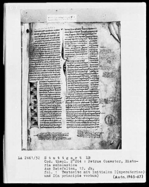 Petrus Comestor, Historia scholastica — Initialen I(mperatoriae) und I(n principio verbum), Folio 1recto