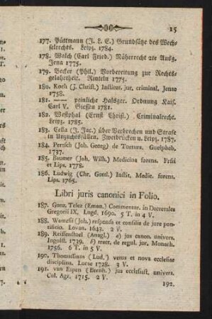 15-27, Libri juris canonici in Folio. In Quarto. In Octavo. Libri jur. publ. in Folio. In Quarto. In Octavo.