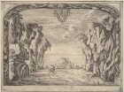 Bühnenbild zur Oper "La Caduta del Regno dell’Amazzoni" (Prolog: Meeresstrand mit Herkules und Atlas, der unter dem Gewicht der Welt zusammengebrochen ist), aus der 1690 in Rom publizierten Edition des Librettos