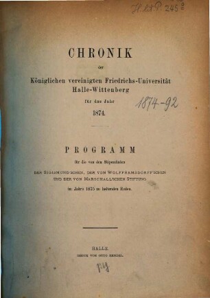 Chronik der Martin-Luther-Universität Halle-Wittenberg in Halle (Saale). 1874