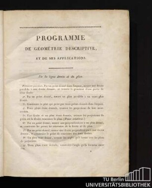 Programme De Géométrie Descriptive, Et De Ses Applications.