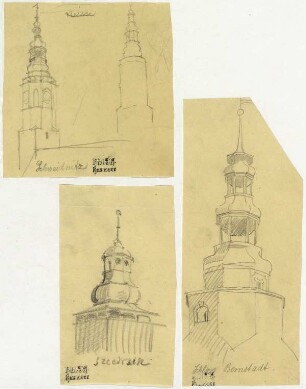 Gebäude in Schweidnitz, Szcedrzin und Schloss in Bernstadt, Turm, Turmdach