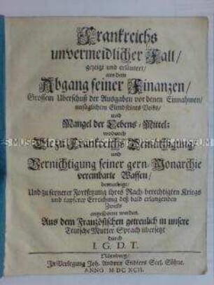 Schrift über den defizitären französischen Staatshaushalt während des Pfälzischen Erbfolgekrieges
