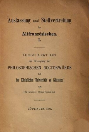 Auslassung und Stellvertretung im Altfranzösischen / 1