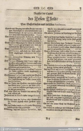 Register der Capitel des Ersten Theils/ Von Wasserkünsten und derselben Fundament.