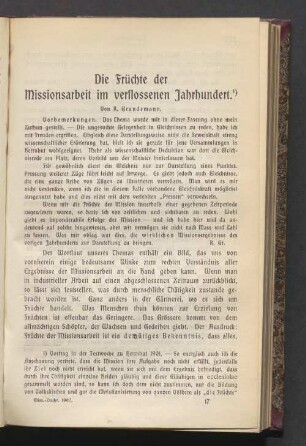 Die Früchte der Missionsarbeit im verflossenen Jahrhundert