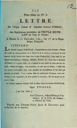 Lettre Du Citoyen Colonel & Adjutant General Foissac, Aux Representans provisoires du Peuple Souverain du Pays de Namur. A Namur le 11 Decembre 1792. L'an 1er de la Republique Francoise