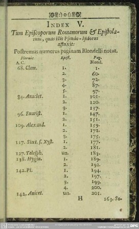 Index V. Tum Episcoporum Romanorum & Epistolarum, quas illis Pseudo - Isidorus affinxit