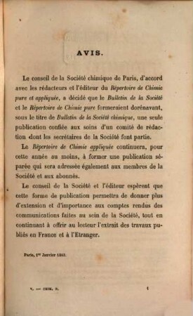 Bulletin de la Société Chimique de Paris : comprenant le Procès-verbal des séances, les Mémoires prés. à la Soc., l'Analyse des travaux de chimie pure et appliquée publ. en France et à l'étranger. 1863