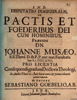 Disputatio inauguralis De pactis et foederibus Dei cum hominibus