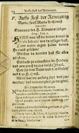 V. Auffs Fest der Reinigung Mariæ/ sonst Mariæ Liechtmeß genandt.