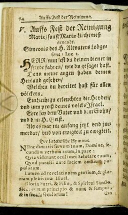 V. Auffs Fest der Reinigung Mariæ/ sonst Mariæ Liechtmeß genandt.