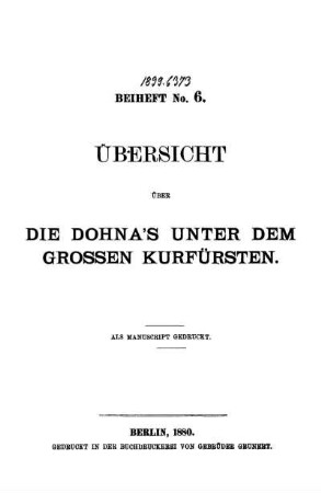 Beih. 6: Aufzeichnungen über die Vergangenheit der Familie Dohna. Beih. 6