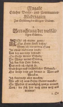 Zugabe Etlicher Beicht- und Communion-Madrigalen Zur Erfüllung der übrigen Blätter.