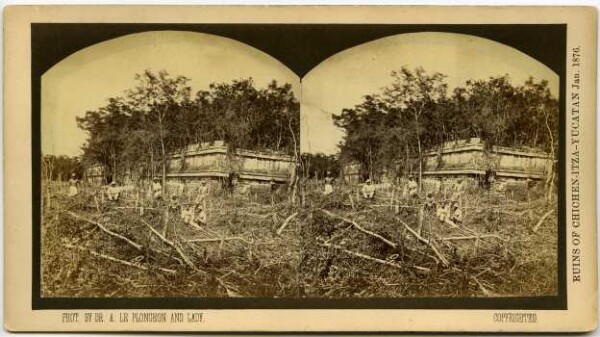 "Deforested trees and workers in front of a temple building"