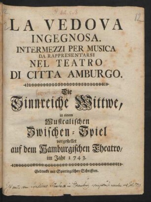 La Vedova Ingegnosa : Intermezzi Per Musica Da Rappresentarsi Nel Teatro Di Citta Amburgo