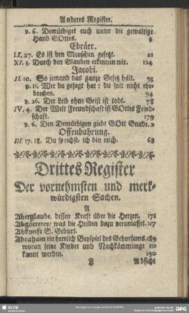 Drittes Register Der vornehmsten und merkwürdigsten Sachen