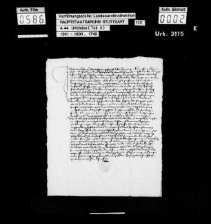 Endres Kollin zu Pleidelsheim wegen einiger Vergehen beim Bauernaufruhr zu Verlassen des Amts Marbach verurteilt, jedoch auf Fürbitten des Junkers Jakob von Bernhausen gegen eine Geldstrafe von 1 fl begnadigt, schwört U. und verspricht, fortan keine Wehr außer einem abgebrochenen Brotmesser zu tragen, offene Zechen zu meiden und an keinem Aufruhr mehr teilzunehmen.