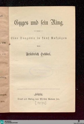 Gyges und sein Ring : eine Tragödie in fünf Aufzügen