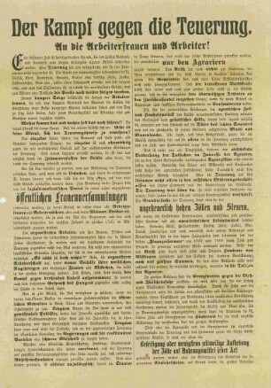 Der Kampf gegen die Teuerung. An die Arbeiterfrauen und Arbeiter!