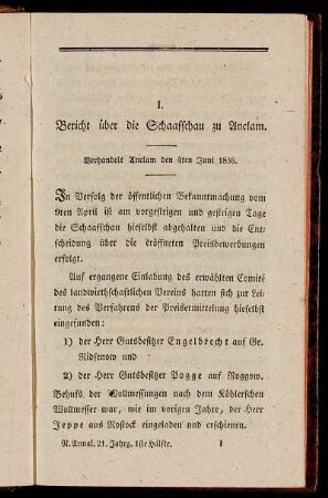 I. Bericht über die Schaafschau zu Anclam