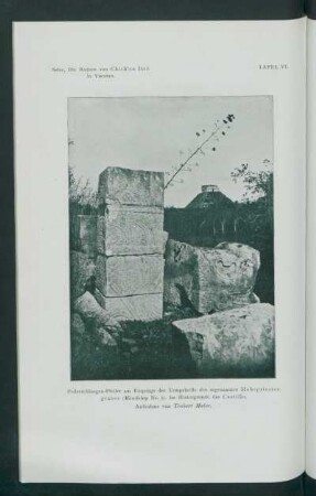 Tafel VI.: Federschlangen-Pfeiler am Eingang der Tempelzelle des sogenannten Hohepriestergrabes (Maudslay Nr. 9). Im Hintergrunde des Castillo. : Aufnahme von Teobert Maler.