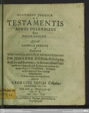 Positiones juridicae: De testamentis minus solennibus sive privilegiatis