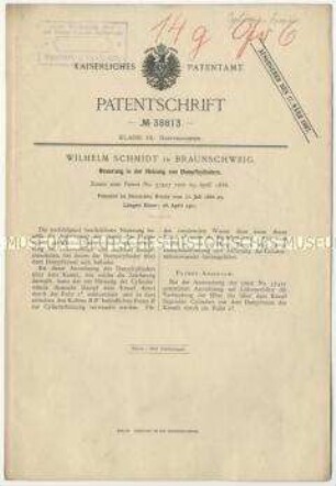 Patentschrift einer Neuerung in der Heizung von Dampfzylindern, Patent-Nr. 38813