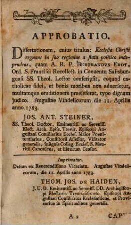 Ecclesia Christi regnans in suo regimine a statu politico independens stabilita, atque contra adversarios propugnata
