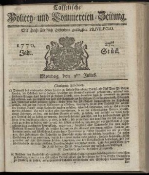 27tes Stueck, Montag den 2ten Julius. 1770