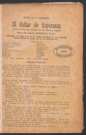 El collar de Esperanza : vodevil en un acto dividido en dos cuadros, original