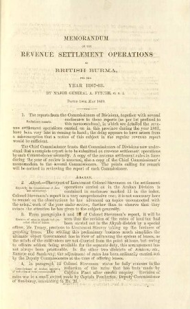 Memorandum on the revenue settlement operations of British Burma, for the year 1867-68. By Major General A. Fytche, C. S. I. Dated 10th May 1869.