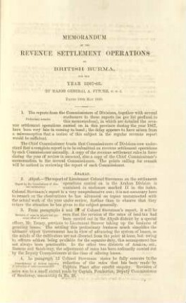 Memorandum on the revenue settlement operations of British Burma, for the year 1867-68. By Major General A. Fytche, C. S. I. Dated 10th May 1869.