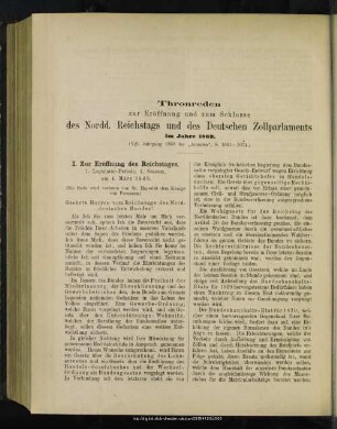 Thronreden zur Eröffnung und zum Schlusse des Nordd. Reichstages und des Deutschen Zollparlaments im Jahre 1869