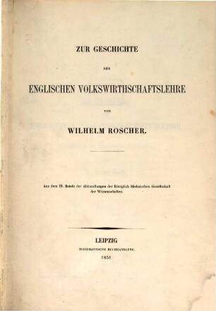 Zur Geschichte der englischen Volkswirthschaftslehre