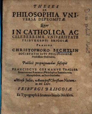 Theses Ex Philosophia Vniversa [Universa] Depromptae