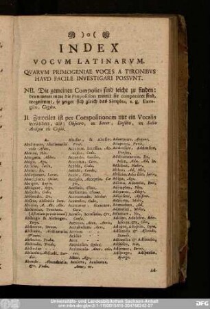 Index Vocum Latinarum. Quarum Primogeniae Voces A Trionibus Haud Facile Investigari Possunt.