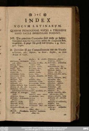 Index Vocum Latinarum. Quarum Primogeniae Voces A Trionibus Haud Facile Investigari Possunt.