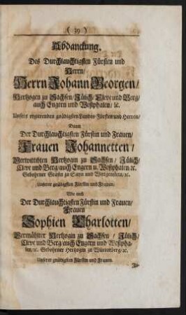 Abdanckung. Des ... Johann Georgen/ Hertzogen zu Sachsen ...