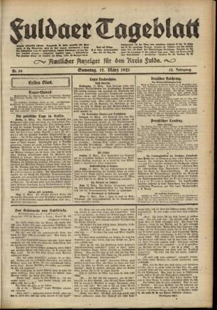 Erste Ausgabe vom Samstag, den 12. März 1921.
