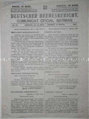 Deutscher Heeresbericht Nr. 52 in deutscher und rumänischer Sprache u.a. mit Pressebericht über die Februar-Revolution in Russland