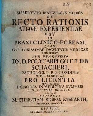 Diss. inaug. med. de recto rationis atque experientiae usu in praxi clinico-forensi