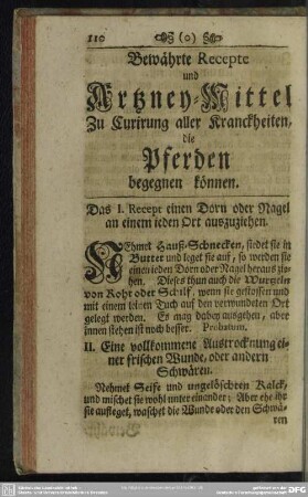 Bewährte Recepte und Artzney-Mittel Zu Curirung aller Kranckheiten, die Pferden begegnen können