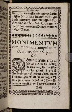 Monimentum vitae, morum, rerum gestarum, mortis, defuncti praefecti