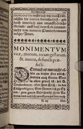 Monimentum vitae, morum, rerum gestarum, mortis, defuncti praefecti