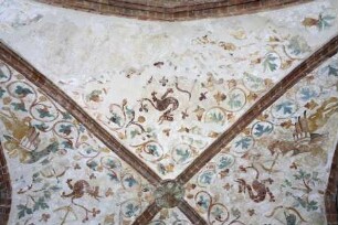 Gewölbebilder mit Drolerien, Ranken- und Laubwerk — Fabelwesen mit Pfeil und Bogen und Armbrust, Ranken- und Laubwerk — Westliche Gewölbekappe