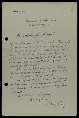 Nr. 3: Brief von Gyula König an David Hilbert, Budapest, 7.9.1904
