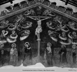 Kreuzigung mit Maria und Johannes und den Heiligen Antonius von Padua, Bartholomäus, Franziskus und Ludwig von Toulouse