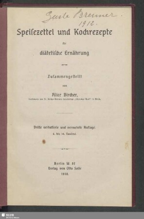 Speisezettel und Kochrezepte für diätetische Ernährung
