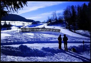 Hinterzarten: Straße, Skiläufer und Schneezaun, am Kesslerhang